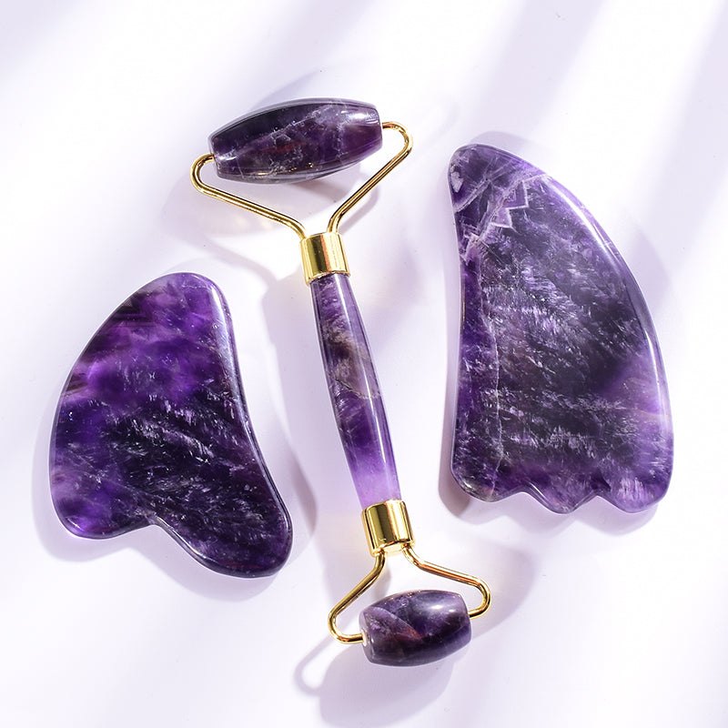 Luxury Amethyst Gua Sha & Roller Set – 100% solid crystal, designed for anti-aging, lymphatic drainage, and crystal healing