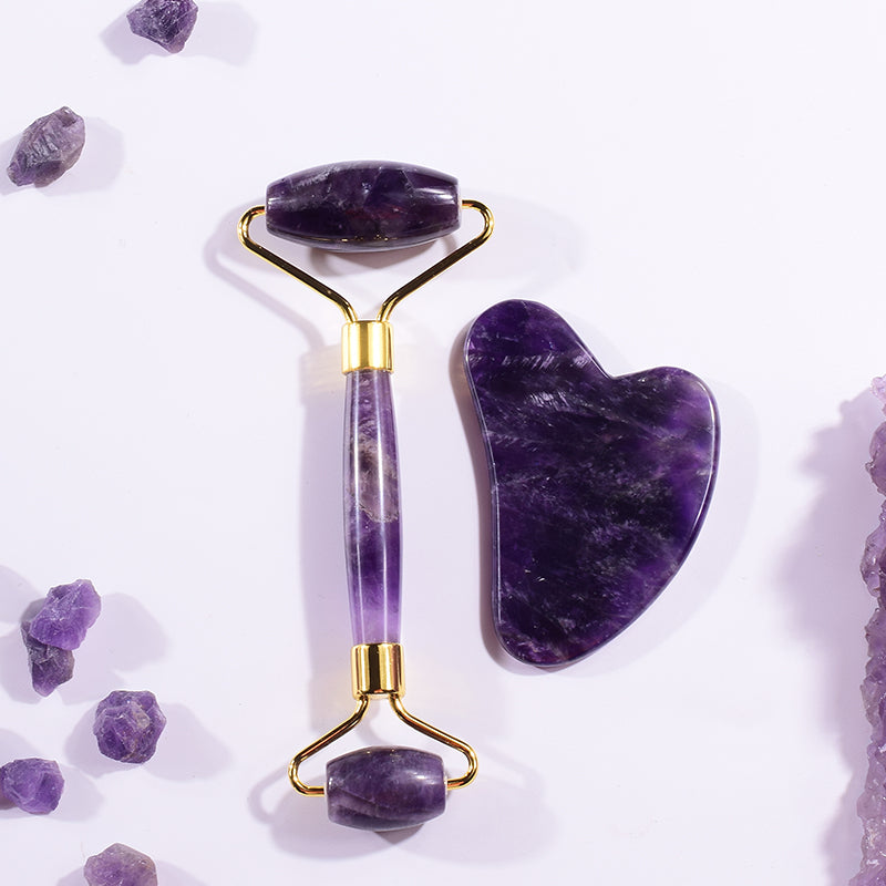 Luxury Amethyst Gua Sha & Roller Set – 100% solid crystal, designed for anti-aging, lymphatic drainage, and crystal healing