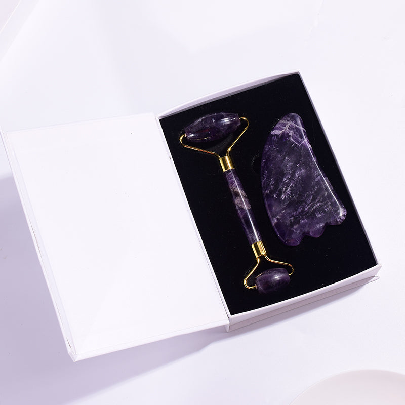 Luxury Amethyst Gua Sha & Roller Set – 100% solid crystal, designed for anti-aging, lymphatic drainage, and crystal healing