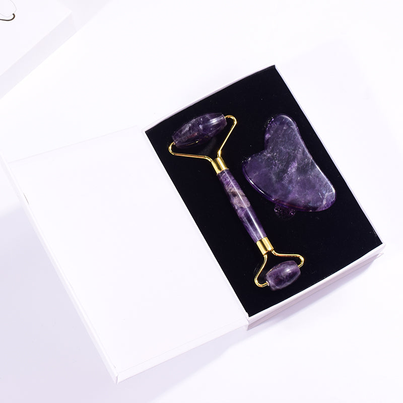 Luxury Amethyst Gua Sha & Roller Set – 100% solid crystal, designed for anti-aging, lymphatic drainage, and crystal healing