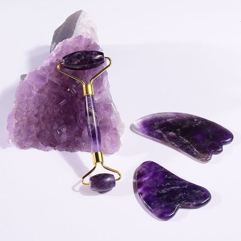 Premium Amethyst Gua Sha and Roller Set – Crystal Healing, Anti-Aging Sculpting Tool