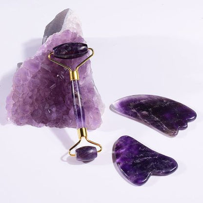 Premium Amethyst Gua Sha and Roller Set – Crystal Healing, Anti-Aging Sculpting Tool