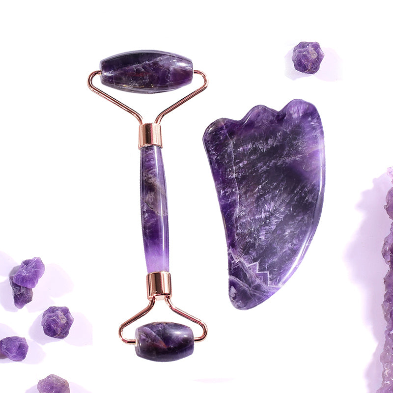 Luxury Amethyst Gua Sha & Roller Set – 100% solid crystal, designed for anti-aging, lymphatic drainage, and crystal healing