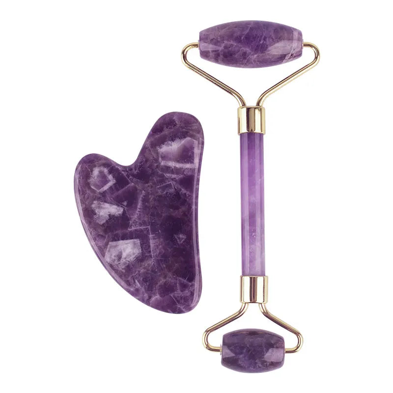 Luxury Amethyst Gua Sha & Roller Set – 100% solid crystal, designed for anti-aging, lymphatic drainage, and crystal healing